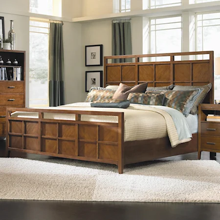 California King-Size Panel Bed with Grid Design Headboard/Footboard